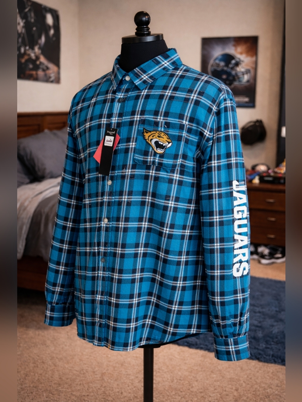 FOCO Jacksonville Jaguars Men's Blue Plaid Button-Down Shirt w/Team Logo Patch
